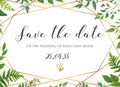 Vector botanical Wedding floral save the date, invite card elegant, modern design with natural forest green fern leaves, greenery