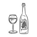 Vector botlle and wine glass, alcohol, line art, doodle, minimalistic picture