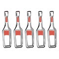Five red label glass bottles in a row liquid white Royalty Free Stock Photo