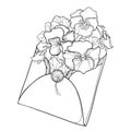 Vector bouquet with outline black Pansy or Heartsease or Viola tricolor flower and leaf in open craft envelope isolated on white.