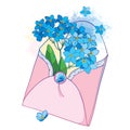 Vector bouquet with outline blue Forget me not or Myosotis flower in opened pink craft envelope isolated on white background. Royalty Free Stock Photo