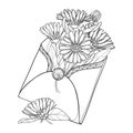 Vector bouquet of outline Calendula officinalis or marigold, bud, leaf and flower in craft envelope in black isolated on white.