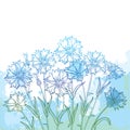Vector bouquet with outline Cornflower or Knapweed or Centaurea flower, bud and leaf in blue on the textured pastel background.