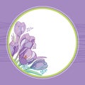 Vector bouquet with outline crocus or saffron flowers and leaves in round frame on the violet back. Greeting card with crocuses. Royalty Free Stock Photo