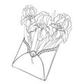 Vector bouquet with outline Iris flower, bud and ornate leaves in open craft envelope in black isolated on white background.