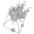 Vector bouquet with outline Mimosa or Acacia dealbata or silver wattle flowers and leaf in black open craft envelope isolated.