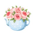Bouquet Of Pink Roses In A Blue Teapot. Vector Illustration.