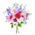 Bouquet of red, pink and purple flowers. Vector illustration. Royalty Free Stock Photo