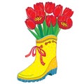Vector bouquet with red tulips flower and green leaves in yellow rubber boot with bow isolated on white background.