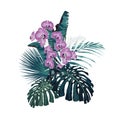 Vector bouquet with tropical flowers. Retro Hawaiian style floral arrangement, with beautiful orchid flowers. Royalty Free Stock Photo