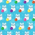 Vector bowling seamless pattern. Bowling pins and balls on blue backdrop with light spots Royalty Free Stock Photo