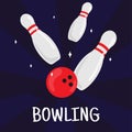 Vector bowling square banner, poster or flyer design template. Isolated on dark blue background