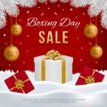 Vector Boxing Day sale banner with gift boxes, New Year golden balls, white fir branches. Royalty Free Stock Photo