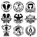 Vector Boxing labels set with - boxer, helmet, gladiator, goblet, laurel, ring, gloves