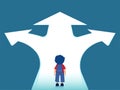 Vector of a boy with backpack standing at crossroads thinking which way to go