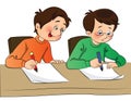 Vector of boy copying from other student`s paper