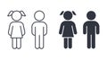 Vector boy and girl icons. Editable stroke. Set of line silhouette icons of children. Kids signs toilet changing room bathroom.