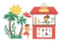 Vector boy running to ice cream stall. Flat tropical beach illustration with funny kid, sun, palm trees, parrot, ice-cream stand.