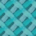 Vector braid effect damask weave seamless interlace pattern background. Backdrop with woven yarn plait strands. Aqua