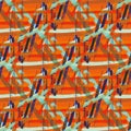 Vector braid effect damask weave seamless interlace pattern background. Macrame style ribbon plait lattice neon orange