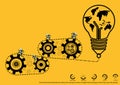 Vector brainstorming business ideas, the concept consists of a light bulb and gears world map icons flat design Royalty Free Stock Photo