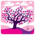 Vector branchy tree with swing on beautiful cloudy spring landscape. Idyllic and peaceful scene, insight vector image, purple.