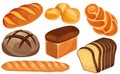 Vector bread icons set. Long loaf, rye bread, baguette, rolls, white bread, sliced bread, brioche. Royalty Free Stock Photo