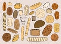 Vector bread set in color. hand-drawn ,doodle-style bread of different types, white and black and gray, different shapes Royalty Free Stock Photo
