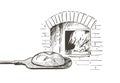 Vector bread on a shovel baked in a wood-fired oven. Vintage line sketch hand-draw illustration