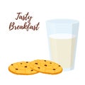 Vector breakfast - milk glass, cup, oatmeal cookies, tasty biscuit. Cartoon flat style