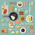 Vector breakfast time illustration with flat icons. Fresh food and drinks in flat style.