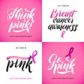 Vector Breast Cancer Awareness Calligraphy Poster Design. Stroke Pink Ribbon