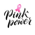 Vector Breast Cancer Awareness Calligraphy Poster Design. Stroke Pink Ribbon. October is Cancer Awareness Month Royalty Free Stock Photo