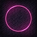 Vector brick wall illustration with pink neon lamp. Glowing circle bulb background Royalty Free Stock Photo