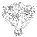 Vector bride bouquet with outline Gardenia flower, bud and ornate leaf in black isolated on white background.