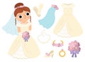 Vector bride clothes set. Cute just married girl with dress, accessory.