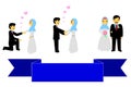 Bride couple muslim and muslimah, islam people, with blue Ribbon, at white background