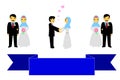 Bride couple muslim and muslimah, islam people, with blue Ribbon, at white background