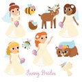 Vector brides set. Cute just married girls wearing white dresses, veils, accessory. Wedding ceremony icons. Cartoon marriage newly Royalty Free Stock Photo