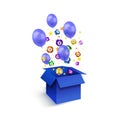 Vector Bright Blue Box with Lotto Balls and Balloons Illustration, Web Banner Colorful Template, Surprise Box with Royalty Free Stock Photo