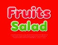 Vector bright Emblem Fruits Salad. Modern creative Font. Glossy Alphabet Letters and Numbers