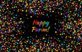 Vector Bright Horizontal Card Happy Purim carnival text with colorful rainbow colors paper confetti frame background.