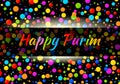 Vector Bright Horizontal Card Happy Purim carnival text with colorful rainbow colors paper confetti frame background.