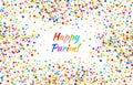 Vector Bright Horizontal Card Happy Purim carnival text with colorful rainbow colors paper confetti frame background.