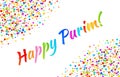 Vector Bright Horizontal Card Happy Purim carnival text with colorful rainbow colors paper confetti frame background.