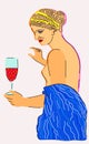 Vector bright illustration of ancient statue of woman with glass of wine.