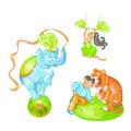 Vector bright illustration of the cartoon elements of a circus show on white background. A trained elephant on the ball