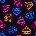 Vector bright neon lamp seamless pattern with diamonds. Glowing colorful gems on purple background Royalty Free Stock Photo