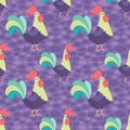 Vector Bright Purple Rooster Seamless Pattern Background.