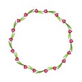 Vector bright round frame, wreath from outline red, tulips. Hand drawn spring border, decoration